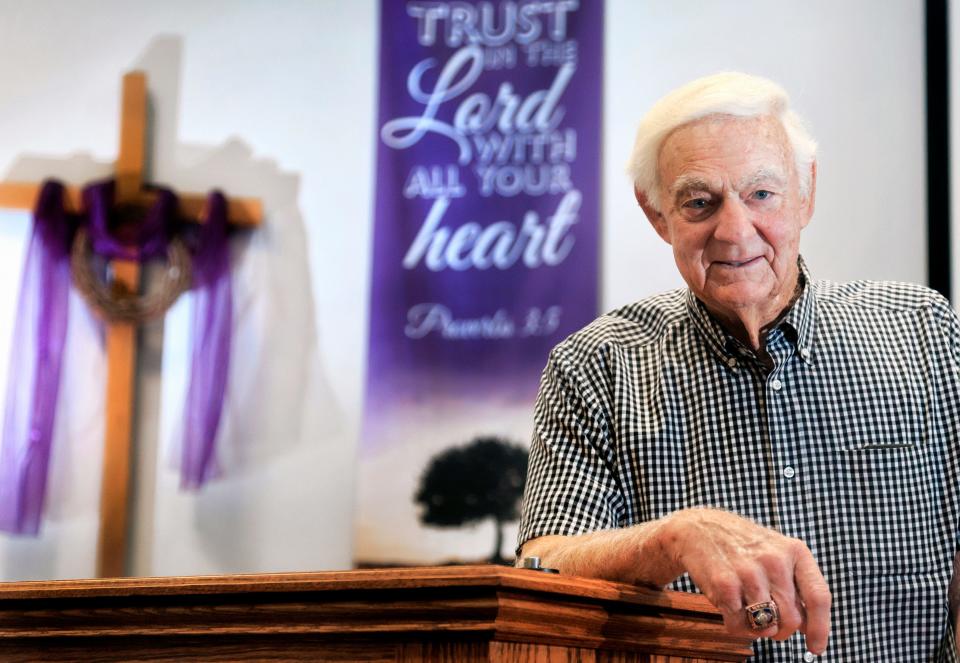 In this 2018 photo, former Brooklyn Dodger Don Demeter poses for a photo at Grace Community Baptist Church where he was a pastor. Demeter died Monday night at age 86.