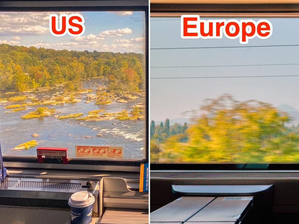 Views out the window on US and European trains while they're moving.