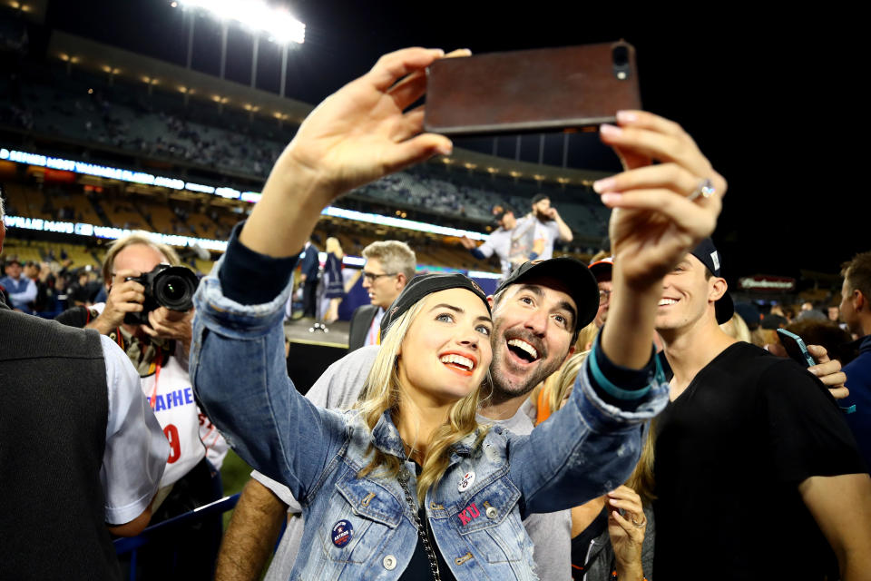 <p>Justin Verlander #35 of the Houston Astros takes a picture with fiancee Kate Upton after the Astros defeated the Los Angeles Dodgers 5-1 in game seven to win the 2017 World Series at Dodger Stadium on November 1, 2017 in Los Angeles, California. (Photo by Ezra Shaw/Getty Images) </p>