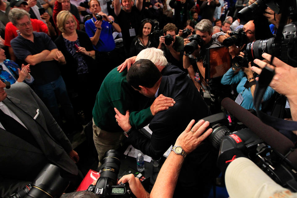 NEW YORK - NOVEMBER 15: (R) Head coach Mike Krzyzewski of the Duke Blue Devils embraces (L) Bobby Knight after winning his 903 NCAA Division 1 basketball game and becoming the winningest coach in history taking the record from Bobby Knight after defeating the Michigan State Spartans during the 2011 State Farms Champions Classic at Madison Square Garden on November 15, 2011 in New York City. (Photo by Chris Trotman/Getty Images)