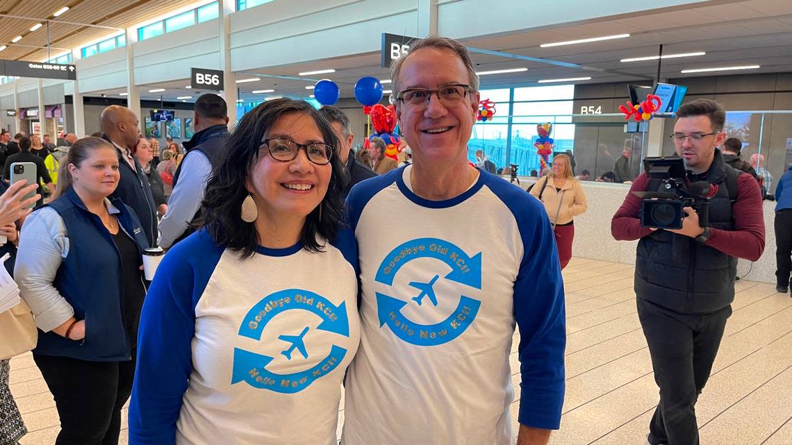 Jere Sellers said he was puzzled when his wife Veronica said she wanted to book seats on the last flight out of the old KCI terminals and the first flight into the new one. But she talked him into it, saying it was a once in a lifetime thing. Then even had matching t-shirts made for the occasion.