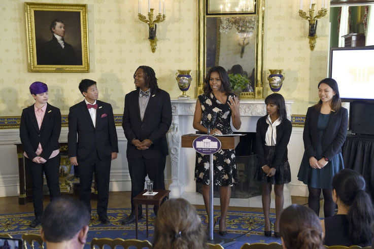 First lady Michelle Obama speaks in the Blue Room of the White House during an event to honor the 2015 class of the National Student Poets.