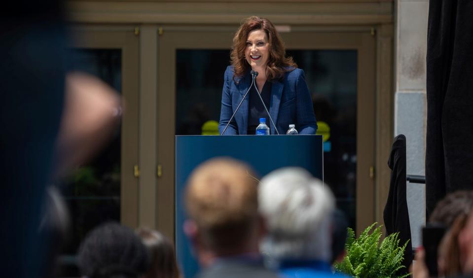 Gov. Gretchen Whitmer speaks to media and public members during the Book Tower ribbon-cutting ceremony in downtown Detroit on Thursday, June 8, 2023.