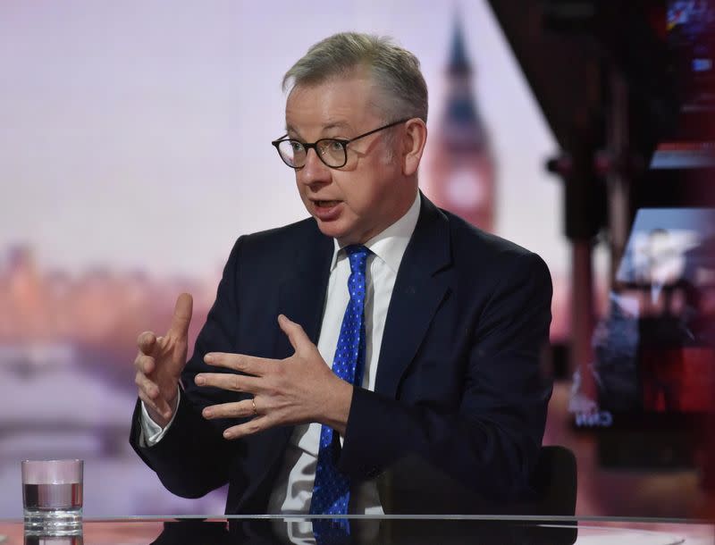 Britain's Chancellor of the Duchy of Lancaster Michael Gove appears on BBC TV's The Andrew Marr Show in London