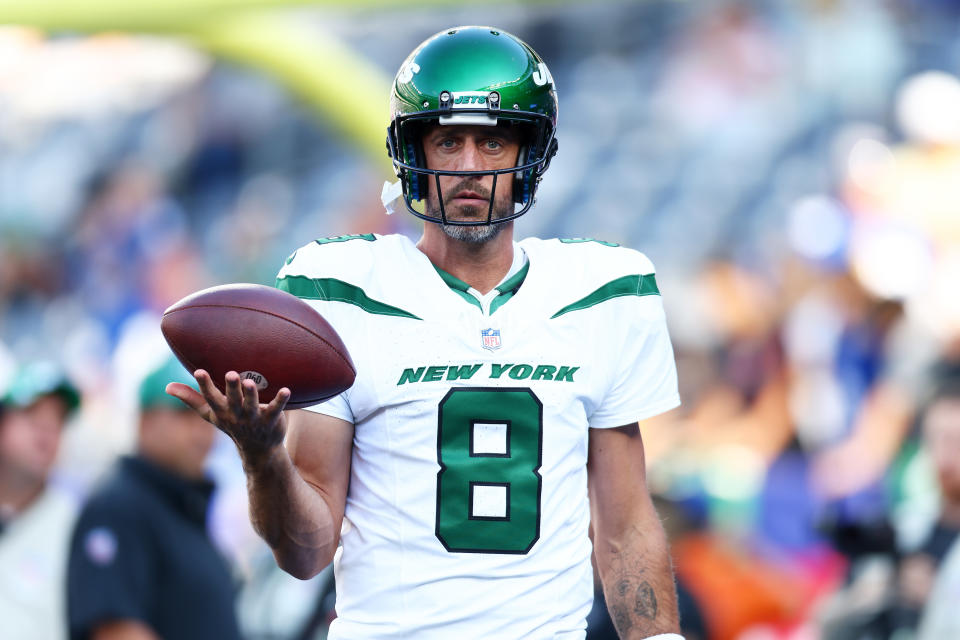 Aaron Rodgers is ready to prove the Jets can contend in the AFC East. (Photo by Mike Stobe/Getty Images)