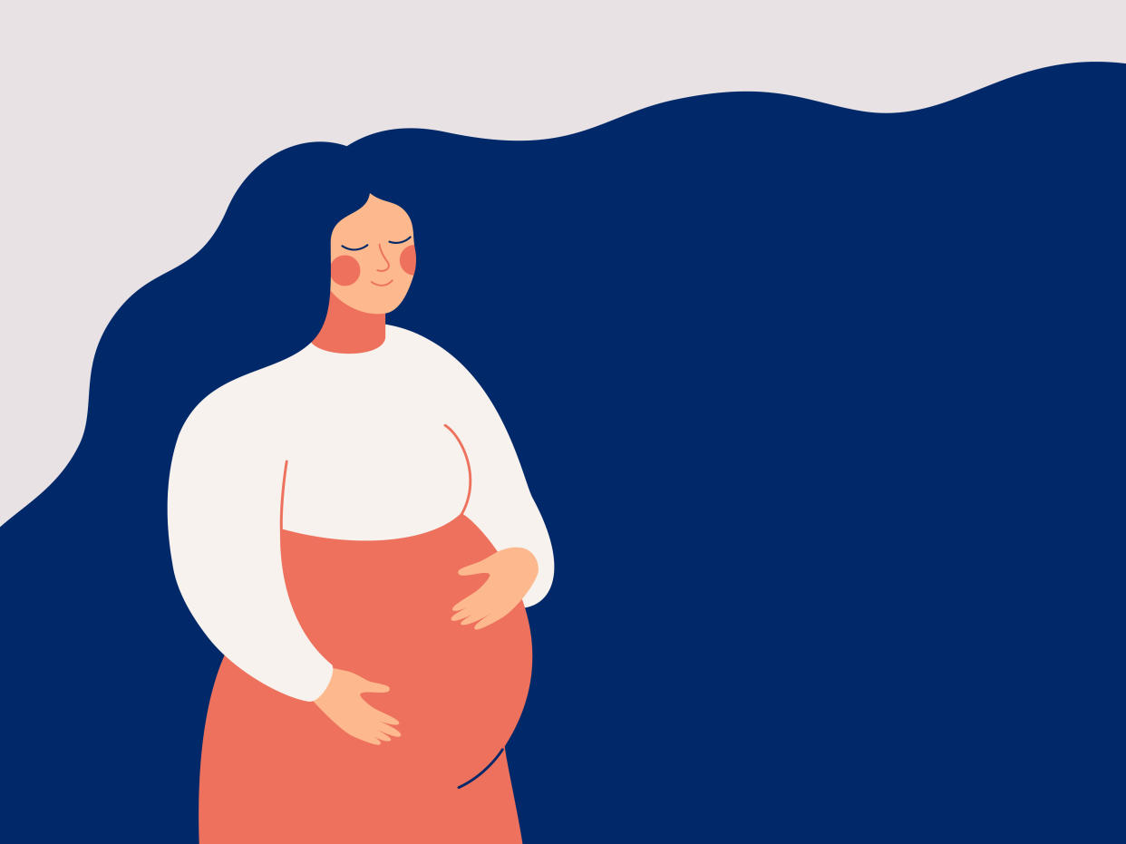 New moms. Young woman expecting a baby. Pregnant woman holds her hands on her stomach with care and love. Medical and healthcare vector illustration