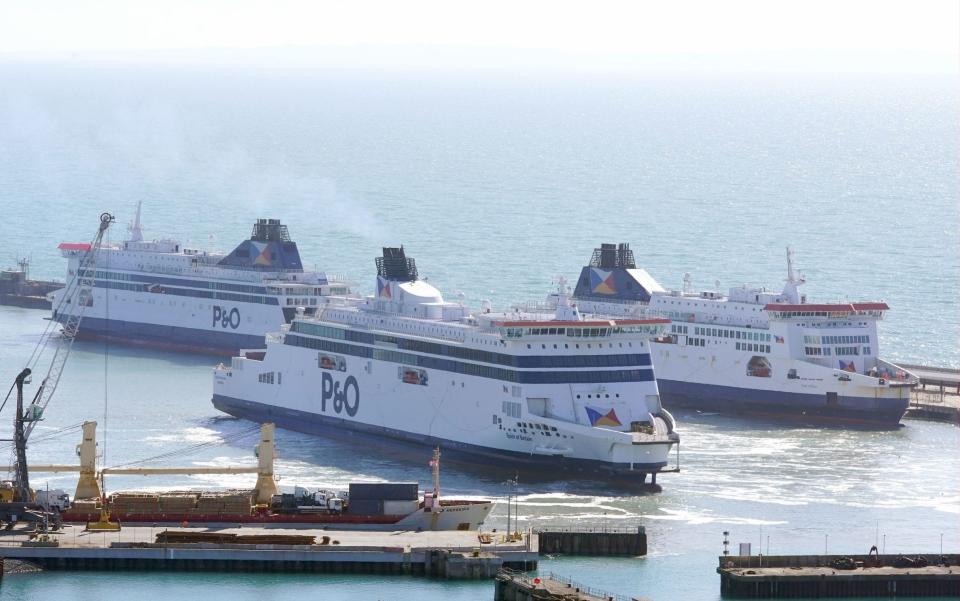 Three P&O ferries, Spirit of Britain, Pride of Canterbury and Pride of Kent moor up in the cruise terminal at the Port of Dover in Kent - Gareth Fuller/PA Wire