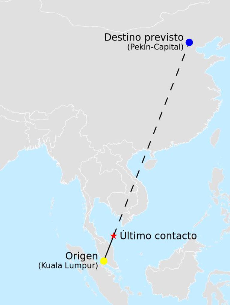 El recorrido que habría hecho el MH370 de Malaysia Airlines