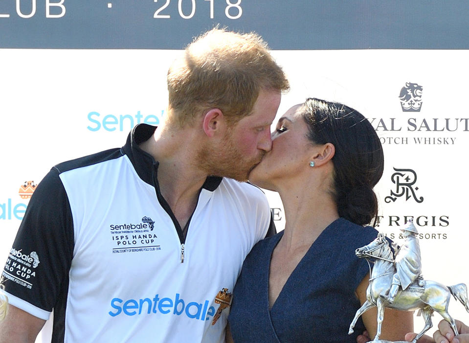 <p>Meghan congratulated Prince Harry on his win with a sweet smooch at Sentebale ISPS Handa Polo Cup just a couple months after their royal wedding.</p>