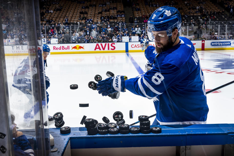 TORONTO, ON - FEBRUARY 22: Jake Muzzin #8 of the Toronto Maple Leafs warms up before the facing the Carolina Hurricanes at the Scotiabank Arena on February 22, 2020 in Toronto, Ontario, Canada. (Photo by Kevin Sousa/NHLI via Getty Images)