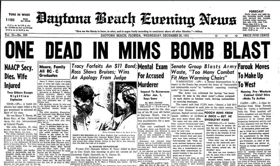 The Daytona Beach Evening News front page on the day after the bomb blast that killed Harry and Harriet Moore.