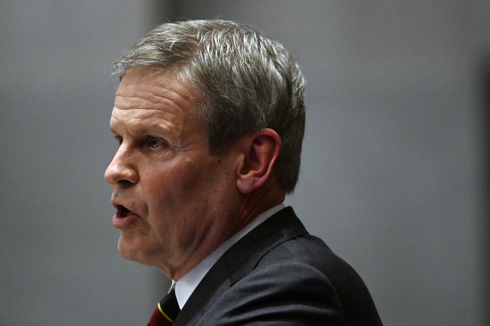 Tennessee Gov. Bill Lee delivers his State of the State Address in the House Chamber, Monday, Feb. 6, 2023, in Nashville, Tenn. (AP Photo/Mark Zaleski)