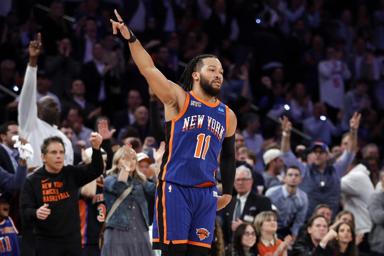 NEW YORK, NEW YORK - MAY 14: Jalen Brunson #11 of the New York Knicks reacts during Game Five of the Eastern Conference Second Round Playoffs against the Indiana Pacers at Madison Square Garden on May 14, 2024 in New York City. The Knicks won 121-91. NOTE TO USER: User expressly acknowledges and agrees that, by downloading and or using this photograph, User is consenting to the terms and conditions of the Getty Images License Agreement. (Photo by Sarah Stier/Getty Images)