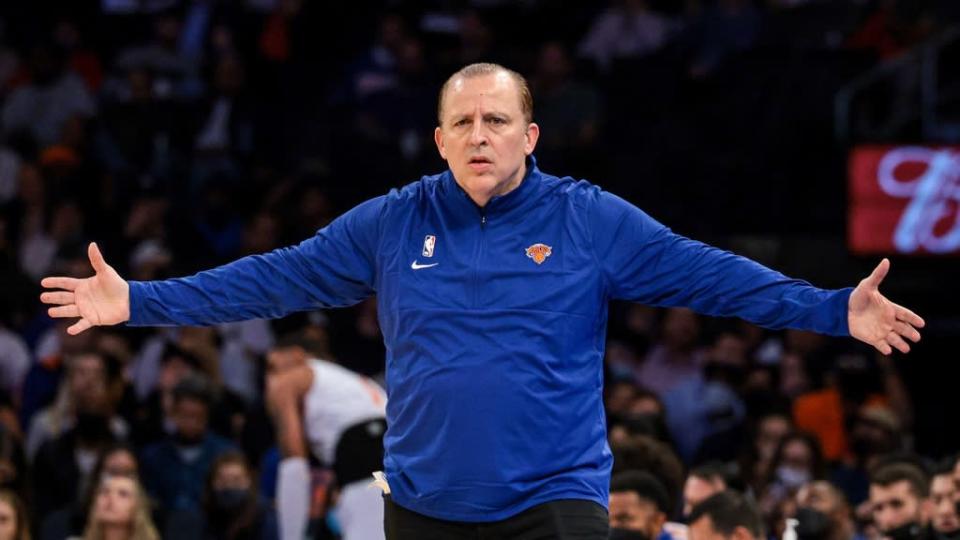 Tom Thibodeau at MSG arms outstretched blue Knicks pullover 2021