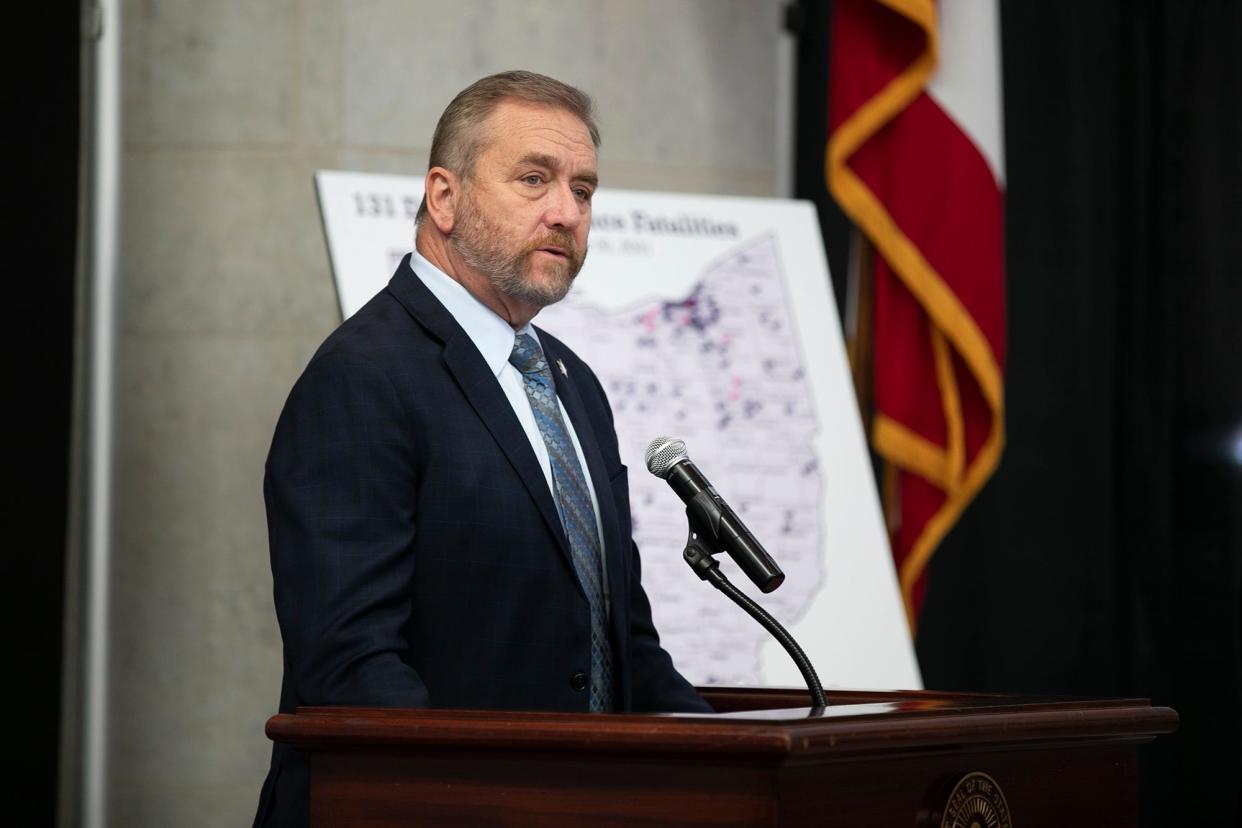 Attorney GeneralDave Yost speaks during the Domestic Violence Awareness Month Press Conference on October 5, 2021, at the Ohio Statehouse.