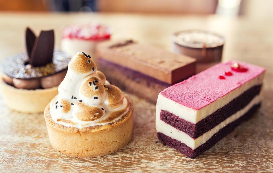 <p>The hers tray includes: Strawberry and White Choc Mousse, Chocolate Rose, Red, Velvet Slice, Passionfruit Meringue,, Chocolate Framboise slice, and Duo of Bailey’s Mousse. Yum.</p>