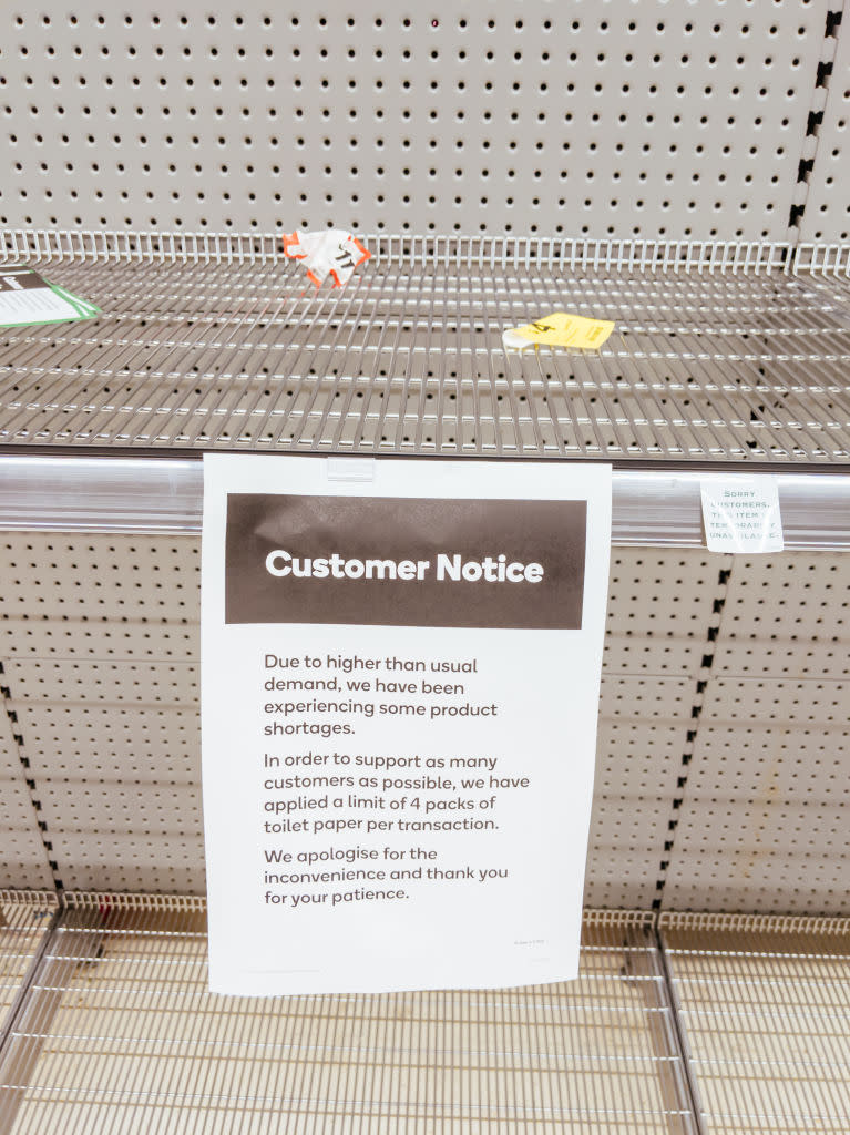 Pictured is a sign in an Australian supermarket informing customers they are experiencing product shortages. 