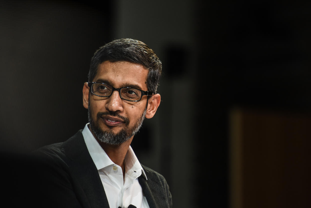 NEW YORK, NY – NOVEMBER 01: Sundar Pichai, C.E.O., Google Inc. speaks at the New York Times DealBook conference on November 1, 2018 in New York City. (Photo by Stephanie Keith/Getty Images)