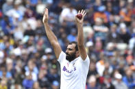 India's Mohammed Shami gestures during the second day of the fifth cricket test match between England and India at Edgbaston in Birmingham, England, Saturday, July 2, 2022. (AP Photo/Rui Vieira)