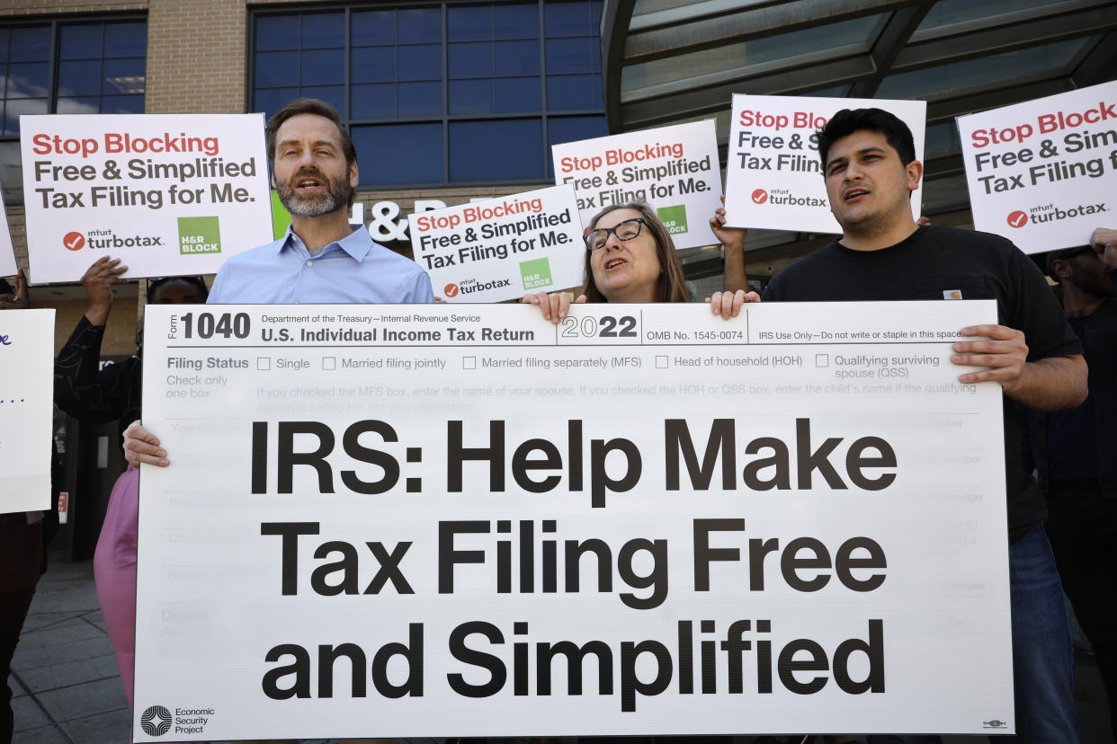 WASHINGTON, DC - APRIL 17:  Advocates gather in Washington, DC to call out tax prep companies like Intuit TurboTax and H&R Block for blocking simplified filing and to support Internal Revenue Service (IRS) exploration of alternative free tax filing on April 17, 2023 in Washington, DC. (Photo by Tasos Katopodis/Getty Images for Economic Security Project)