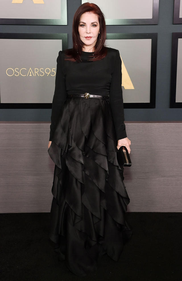 Priscilla Presley Goes Goth at Golden Globes Red Carpet 2023