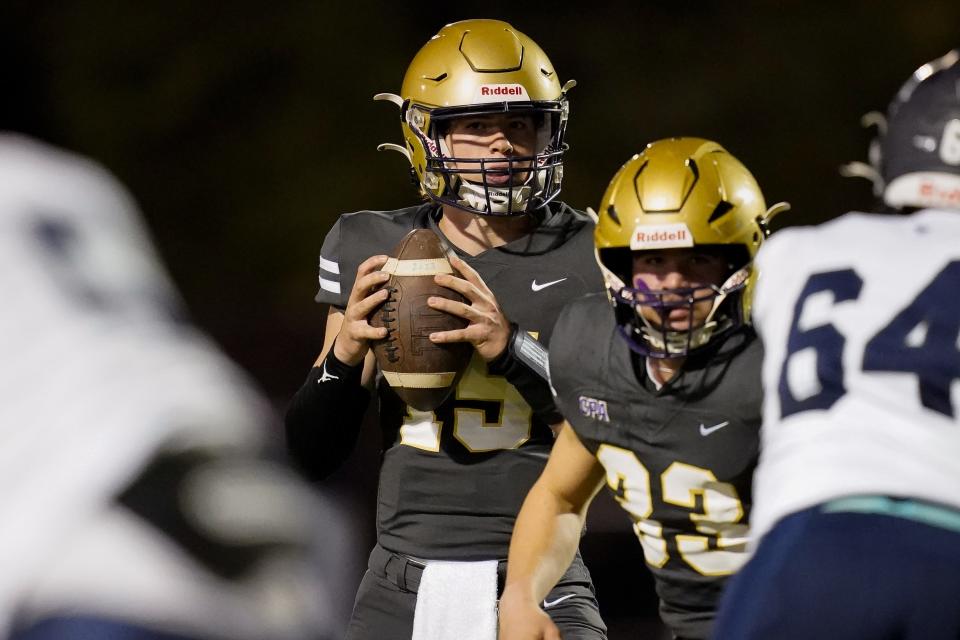 CPA’s Braden Streeter (15) looks to pass against FRA during the second quarter at Christ Presbyterian Academy in Nashville, Tenn., Friday, Oct. 20, 2023.