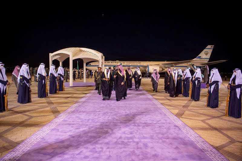 Saudi Crown Prince, Mohammed bin Salman receives Kuwait's Crown Prince, Sheikh Meshal Al-Ahmad Al-Jaber Al-Sabah as he arrives for the Gulf Summit in Riyadh, Saudi Arabia