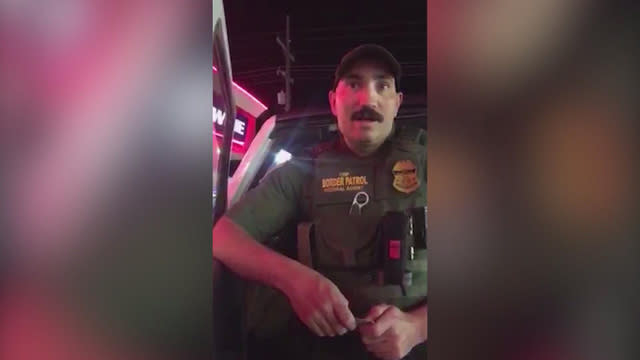 In this video provided by Ana Suda, a U.S. Border Patrol agent tells Suda and her friend that he stopped them and checked their identification documents because they were speaking Spanish in a store in Havre, Montana.