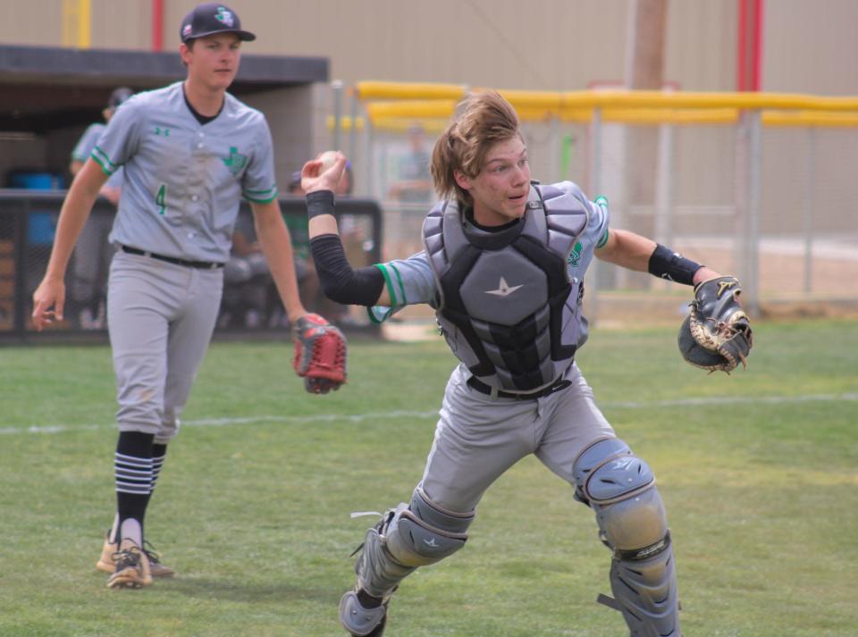 Ropes catcher Branson Beck fires to first for an out during a District 4-2A baseball game at Zant Field in New Home on Saturday, April 23, 2022.