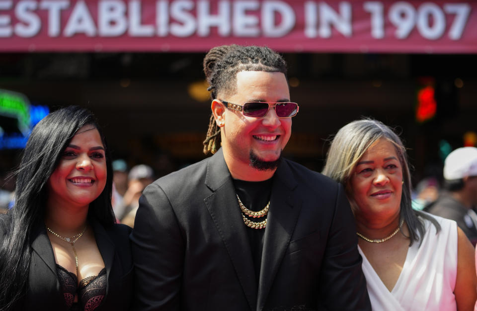 American League's Luis Castillo, of the Seattle Mariners, poses for photos during the All-Star Game red carpet show, Tuesday, July 11, 2023, in Seattle. (AP Photo/Lindsey Wasson)