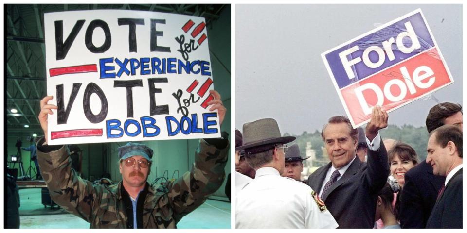 On the left, a supporter of 1996 presidential candidate Bob Dole holds up a sign touting his experience during the campaign. On the right, Dole during a stop in Richmond, Virginia, holds up a 1976 campaign sign when he was President Gerald Ford's running mate.