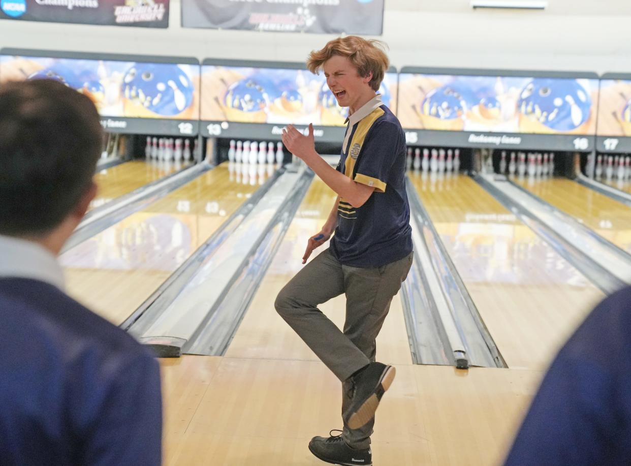 Rockaway, NJ -- January 25, 2024 -- Gavin Mattes of Roxbury after throwing a strike in the semi final as Roxbury won the Morris County Bowling Championship by defeating Montville in the finals. The tournament was played at Rockaway Lanes.