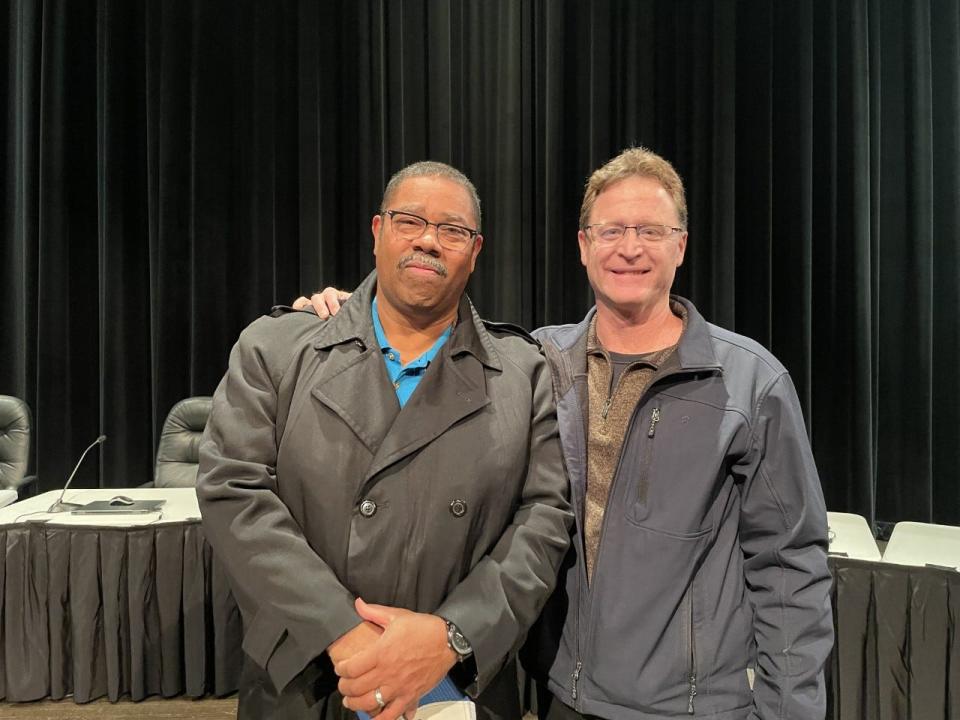 SONS Outreach is looking to buy the Harrison Learning Center for $500,000. CEO Tyrone Burrell, left, and Board Chairman Jeff Kaczperski, right, said in November, they are excited to have a homebase for the organization.