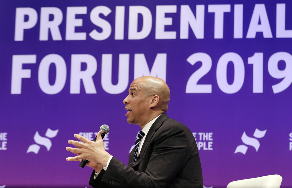 Democratic presidential candidate Sen. Cory Booker, D-N.J., answers questions during a presidential forum held by She The People on the Texas State University campus Wednesday, April 24, 2019, in Houston. (AP Photo/Michael Wyke)