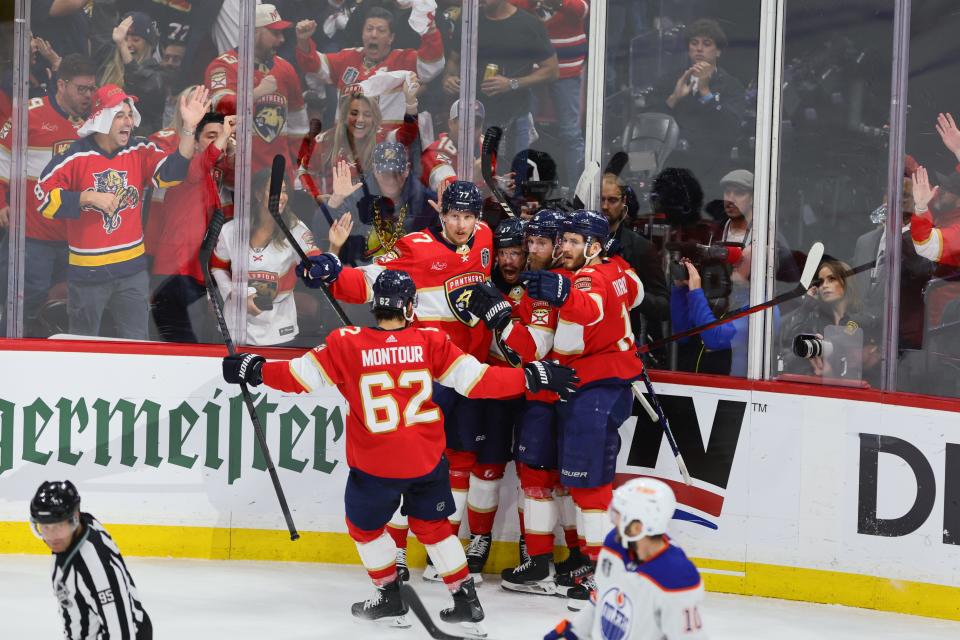 Jun 18, 2024; Sunrise, Florida, USA; Florida Panthers forward Evan Rodrigues (17) celebrates scoring against Edmonton Oilers during the second period in game five of the 2024 Stanley Cup Final at Amerant Bank Arena. Mandatory Credit: Sam Navarro-USA TODAY Sports