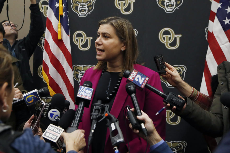 U.S. Rep. Elissa Slotkin, D-Mich., addresses the media after holding a constituent community conversation at Oakland University, Monday, Dec. 16, 2019, in Rochester, Mich. Slotkin, a freshman Democrat who flipped a battleground Republican seat, said Monday she will vote to impeach President Donald Trump. (AP Photo/Carlos Osorio)