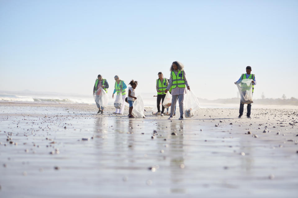 Volunteers cleaning up litter on sunny wet sand beach