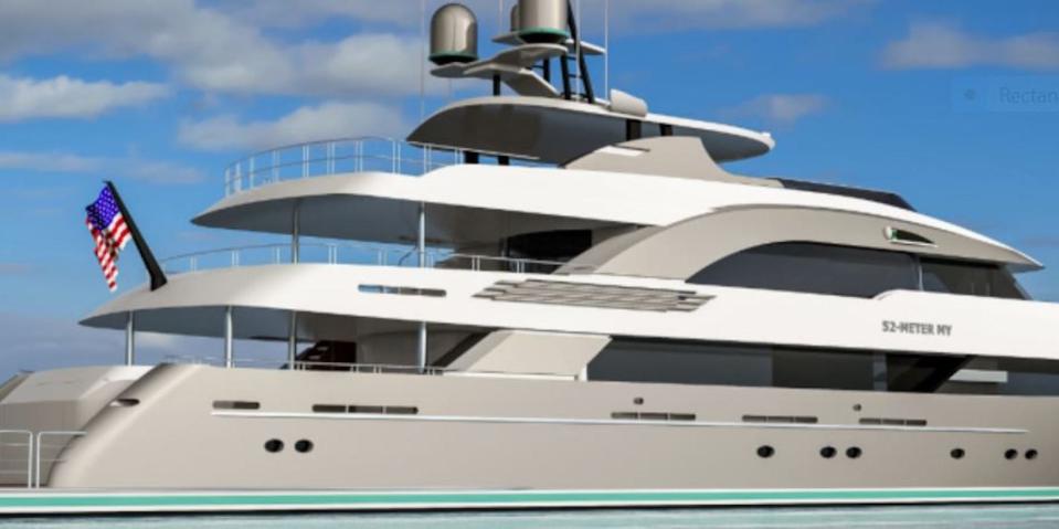 A rendering of a completed 168-foot Trinity Tri-Deck superyacht