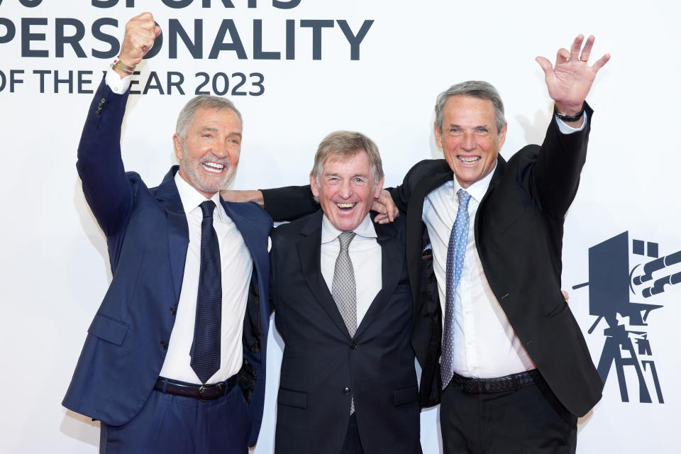 MANCHESTER, ENGLAND - DECEMBER 19: Graeme Souness, Kenny Dalglish and Alan Hansen attend the BBC Sports Personality Of The Year 2023 at Dock10 Studios on December 19, 2023 in Manchester, England. (Photo by Dominic Lipinski/Getty Images)
