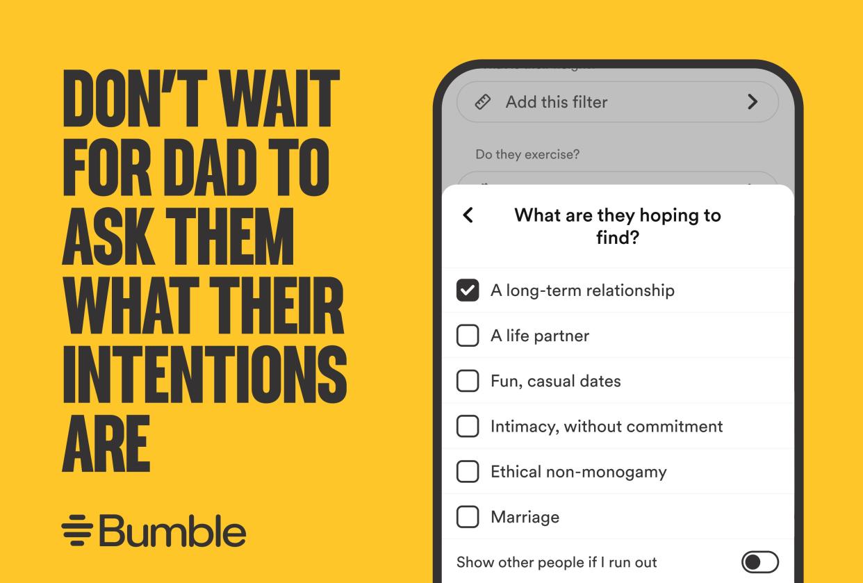 Bumble's new dating intentions feature plans to clarify each users intentions before someone asks the dreaded question, "what are we?'