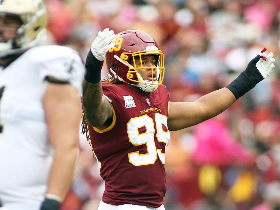 Chase Young reacts after a play against the New Orleans Saints.