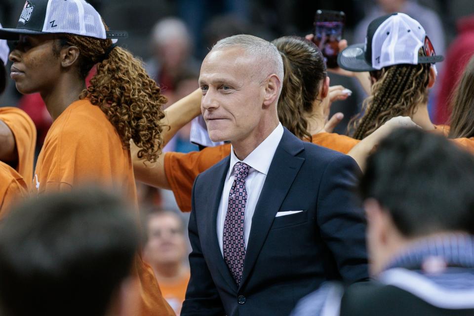 Big 12 Commissioner Brett Yormark walks onstage for the trophy presentation after Texas' win over Iowa State in the women's Big 12 Tournament championship game at the T-Mobile Center in Kansas City, Mo. on Tuesday night. Prior to the game, Yormark discussed the departure of Texas and Oklahoma for the SEC as well as the future of the Big 12.