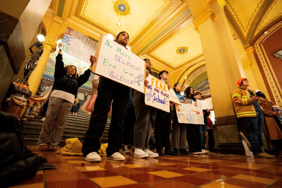 Nearly 300 high school students gather at the state capitol to call for gun legislation after a shooting at Perry High School Monday, Jan. 8, 2024, in Des Moines.