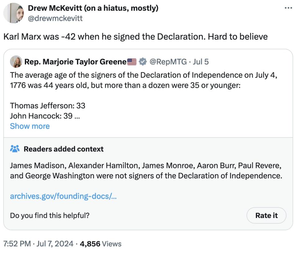 Tweet screenshot Drew McKevitt (on a hiatus, mostly) @drewmckevitt: Karl Marx was -42 when he signed the Declaration. Hard to believe