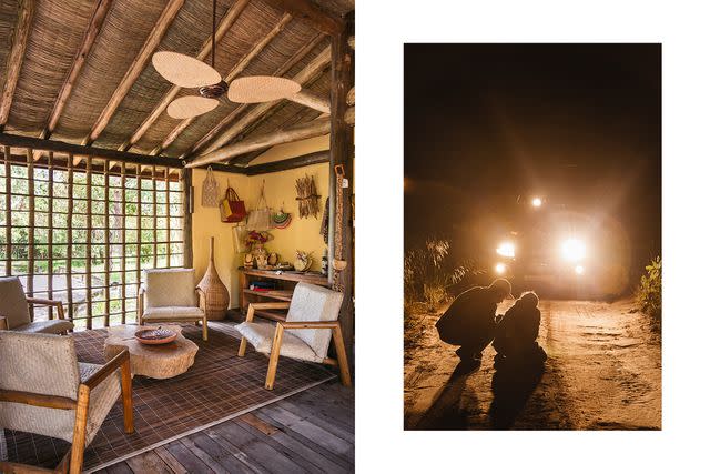 <p>Carmen Campos</p> The lounge at Pousada Trijunção, in the Cerrado savanna; on an evening game drive, guides at Fazenda Trijunção scan for maned wolf tracks.