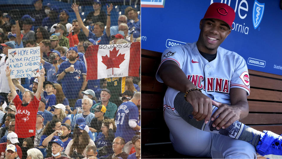 Reds pitcher Hunter Greene loved his experience pitching in front of Blue Jays fans. (Photos via Getty)