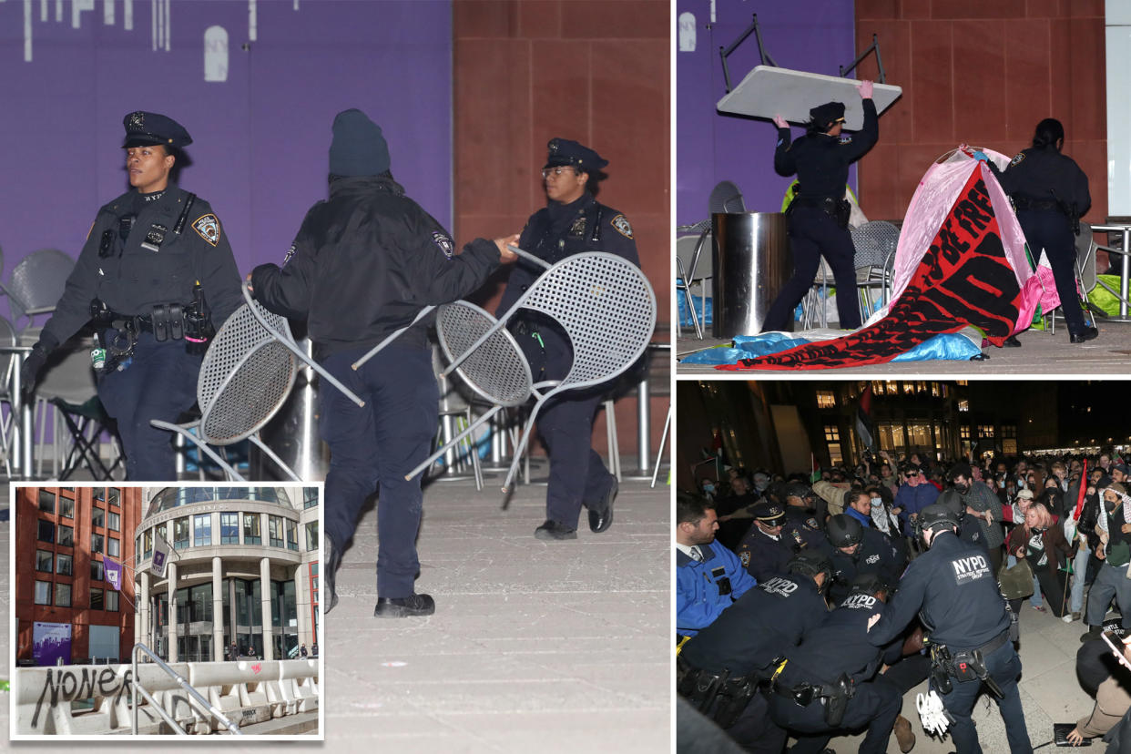 Protesters throwing bottles and chairs at NYPD officers during a demonstration at NYU