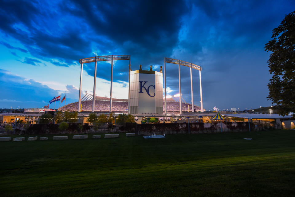 </a> KANSAS CITY, MISSOURI - JUNE 1: A general view of Kauffman Stadium during a Kansas City Royals night game on June 1, 2016 in Kansas City Missouri. (Photo by Kansas City Royals/MLB Photos via Getty Images)MLB Photos MLB Photos via Getty Images