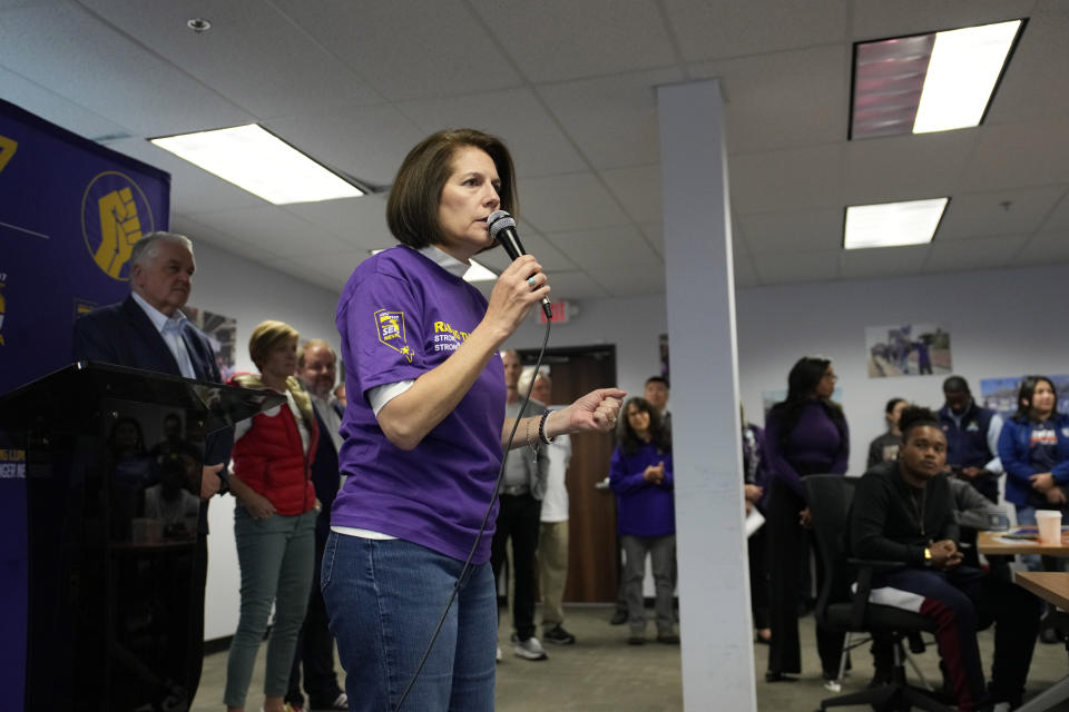 Sen. Catherine Cortez Masto, D-Nev., speaks at a campaign event Tuesday, Nov. 8, 2022, in Las Vegas. (AP Photo/John Locher)