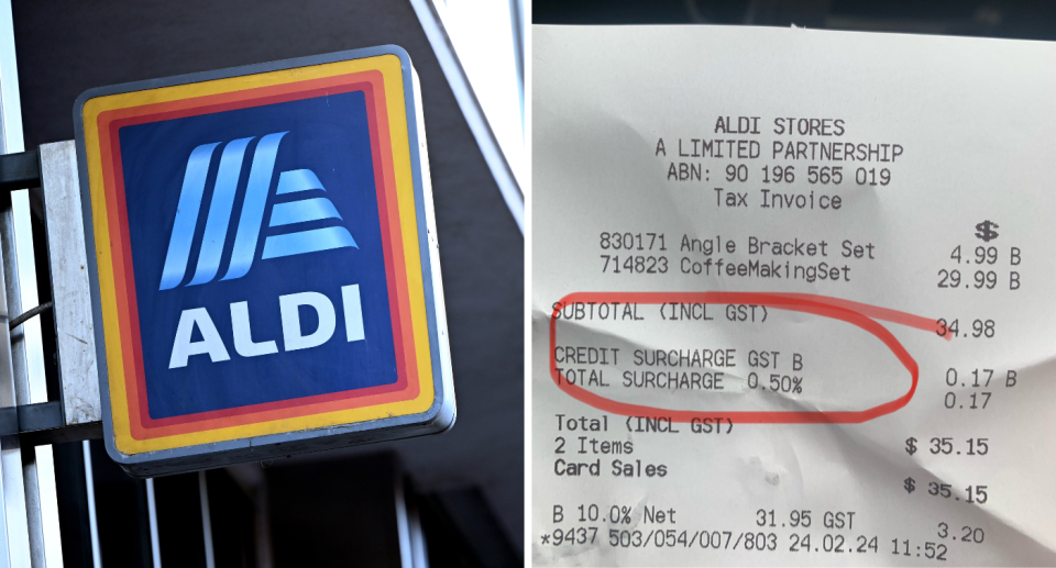 Aldi sign and customer's receipt with credit card surcharge.